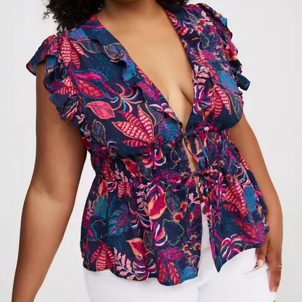 NWT Torrid Vibrant Leaf Print Blouse - Pink and Blue 2X